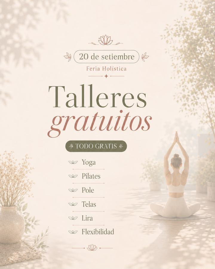 Afiche de los talleres gratuitos de la Feria Holística de Ananta Yoga: yoga, pilates, pole, telas, lira y flexibilidad